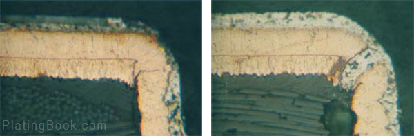 漂锡试验孔拐角镀铜层发生裂缝切片图 漂锡试验孔拐角镀铜层发生裂缝切片图